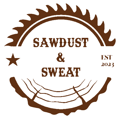 logo featuring motor blade and rings of wood, one star, the words Sawdust & Sweat and Est 2023